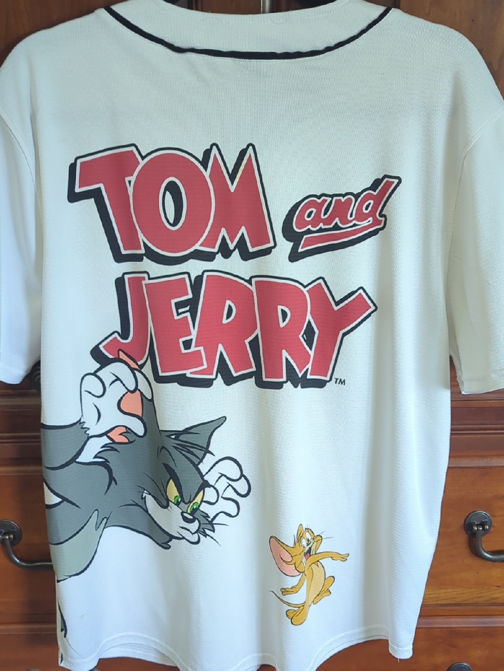EUC Tom and Jerry Graphic Baseball Jersey - White with Black Trim L